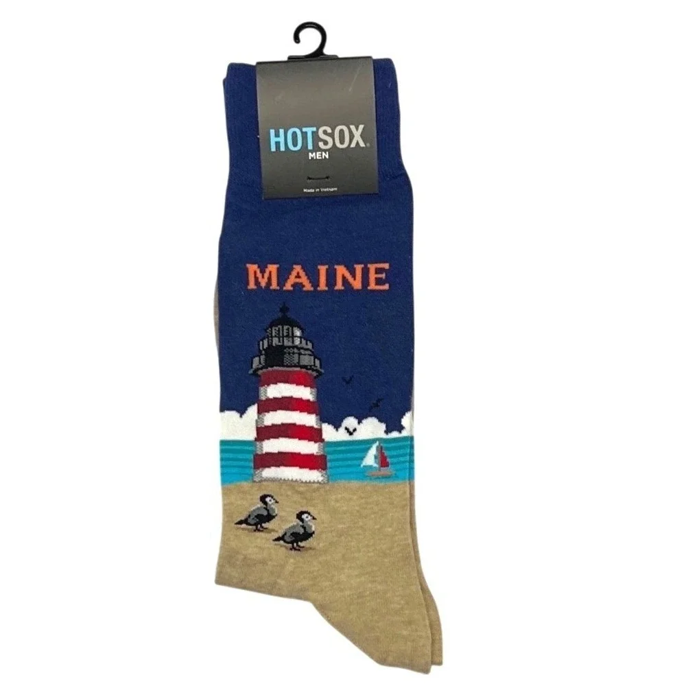Hot Sox Mens Maine Lighthouse Socks Dark Blue Beach Scene Novelty‎ NEW